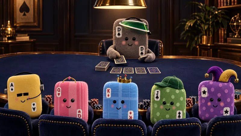 The six plush cards around a navy felt table, with the Dealer in a green visor dealing