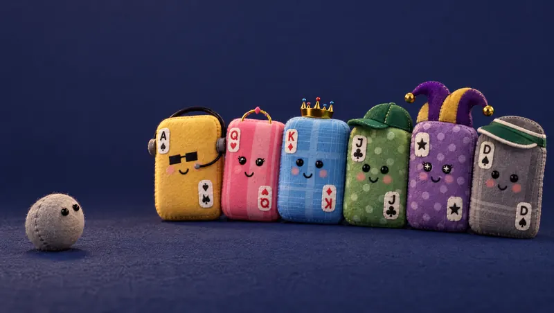 A lone grey felt dot plush faces the full My Ace hand of six plush cards on a navy felt table
