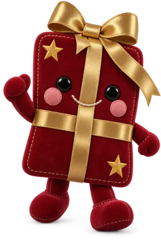 A red painted card wrapped in a gold ribbon